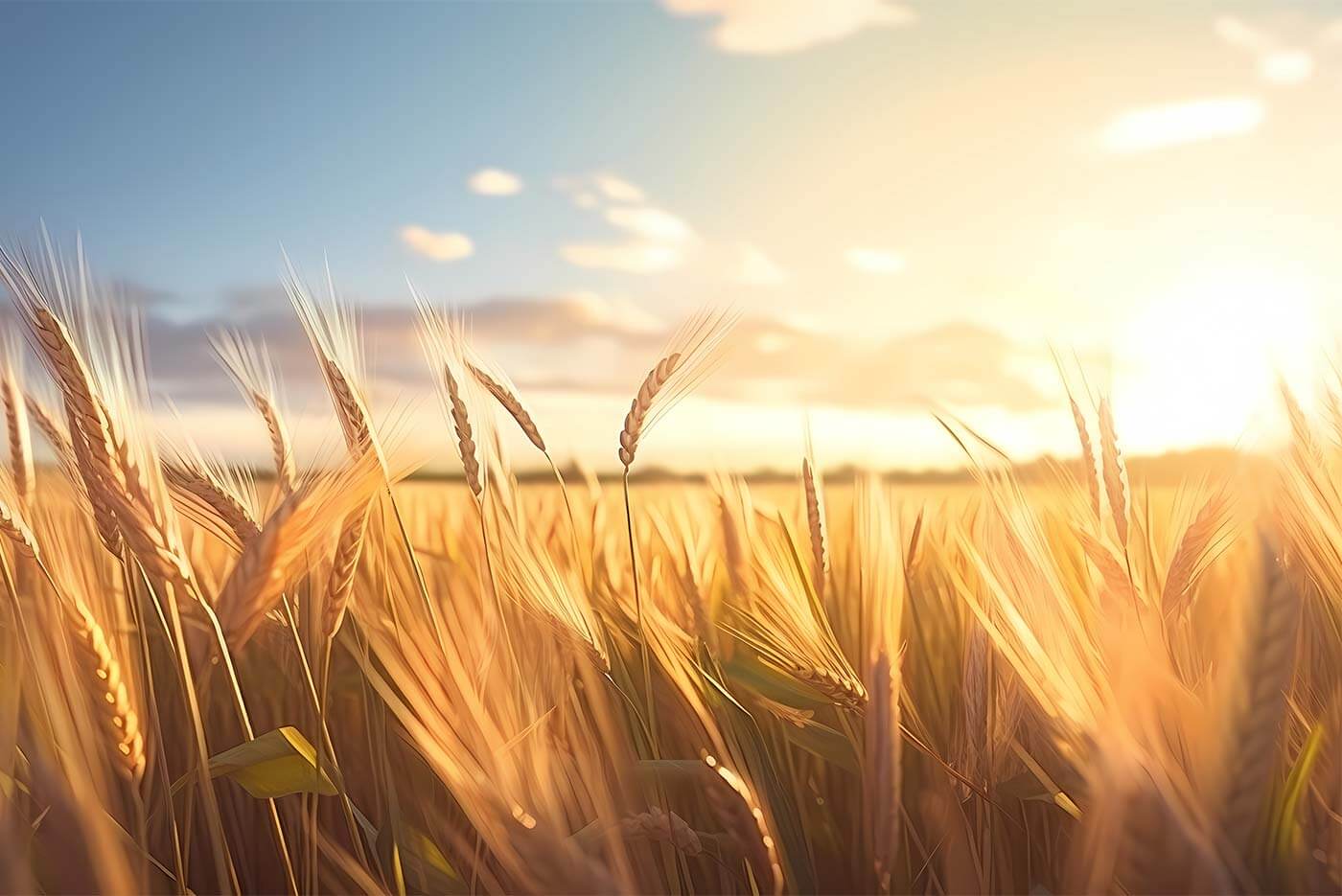 Sun setting against a blue sky over a golden wheat grass field.